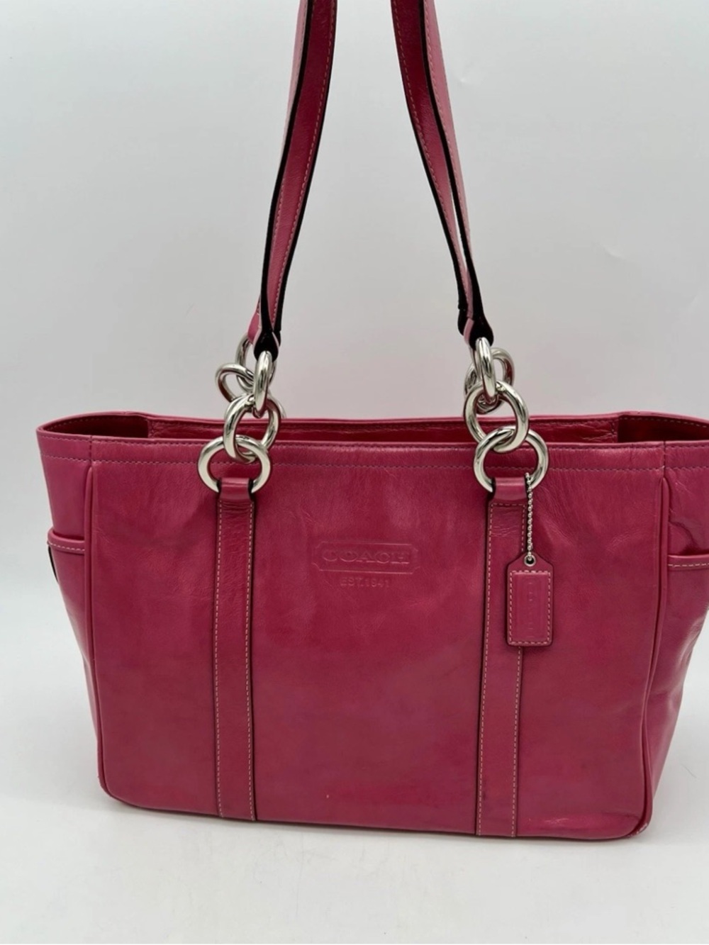 Coach Fuchsia Leather Shoulder Tote with Silver Rings